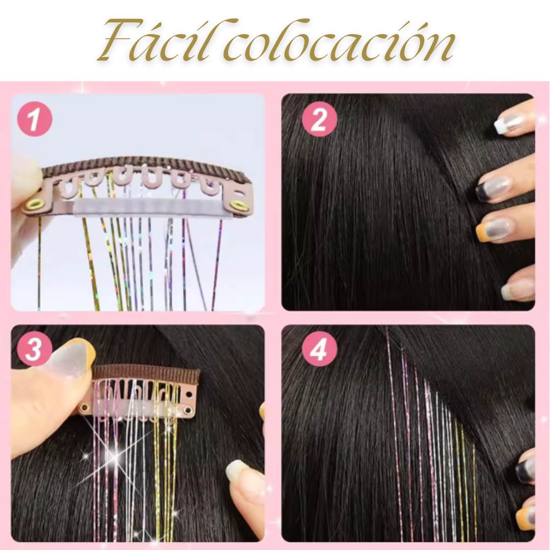 Extensiones de pelo con brillo y clip. 6Pcs