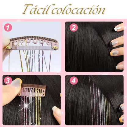 Extensiones de pelo con brillo y clip. 6Pcs